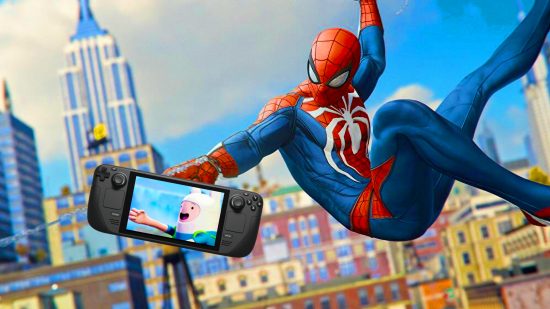 Spider-man swinging through city holding a Steam Deck with Finn from Multiversus on screen