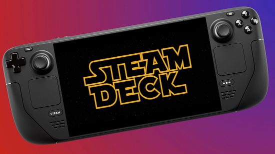 The Steam Deck, its display showing text styled in the same font as Star Wars, against a red-blue background
