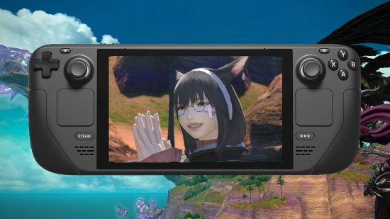 Steam Deck FFXIV: Valve handheld with Miqo'te character on screen and sky backdfrop