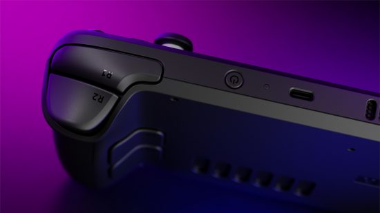 A top down view of the Steam Deck, its right bumper and trigger are visible, in addition to its power button and USB-C port