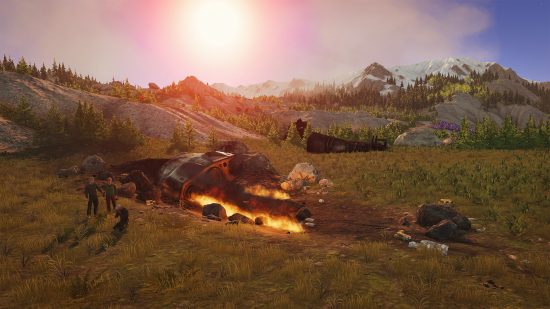 Stranded: Alien Dawn early access: Three survivors gather near the burning wreckage of their escape pod on the surface of a bright and lush alien planet