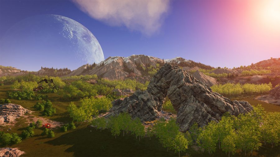 Stranded: Alien Dawn - A mountain set against a sky showing a large rising moon in the distance
