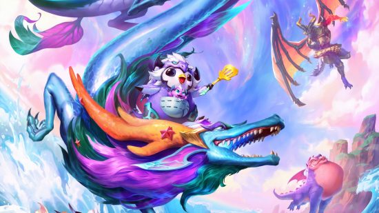 Teamfight Tactics 7.5 mid-set: Sohm, a blue aquatic dragon, curls over the waves as a happy Pengu rides on his back