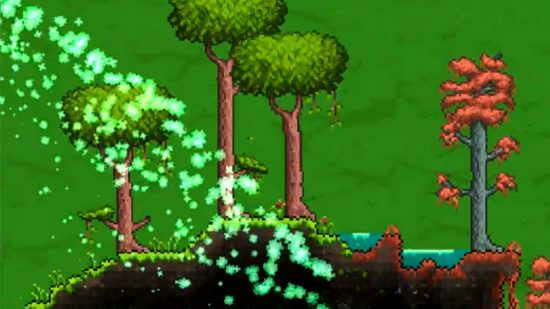Terraria 1.4.4 update - cleansing infected mud tiles with the Clentaminator