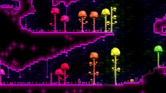 Terraria 1.4.4 update - glowing mushrooms in pink, orange, yellow, and green in the underground mushroom biome