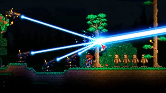Terraria mod Starlight River - four small blue laser beams coming together to form a giant death ray