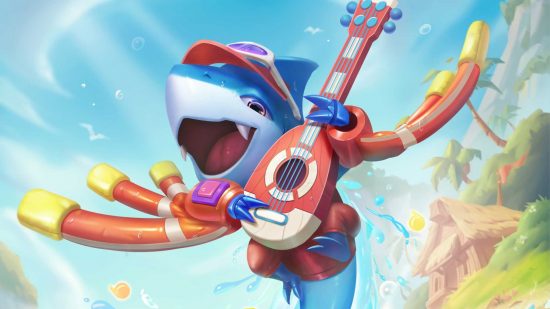 TFT Patch 12.15 notes - An adorable blue shark in red lifeguard costume plays a ukulele as it leaps out of the water