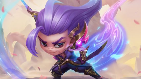 League of Legends champions tft teamfight tactics chibi characters: dragonmancer yasuo chibi shows cute character with purple hair and a sword slashing the air, producing blue and purple rainbows