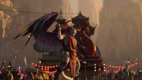 Total War: Warhammer 3 Champions of Chaos horde mechanics: the daemon lord Azazel grins while standing outside a Cathayan gate as formations of chaos warriors and daemons march by.