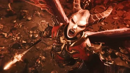 Total War: Warhammer 3 DLC: Valkia the Bloody, a winged, horned daemon queen, flies straight up from a bloody battlefield, roaring through her razer sharp teeth