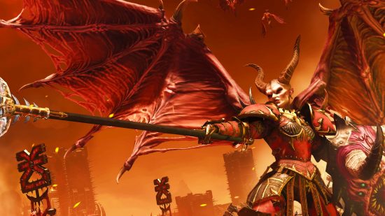 Warhammer 3: Immortal Empires dev says settlements 'top of the list': A huge fiery demon holds a pointed spear in Total War: Warhammer 3 Immortal Empires