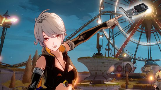 Tower of Fantasy system requirements: Character with silver hair pointing to Nvidia GT 1030 graphics card with carnival backdrop