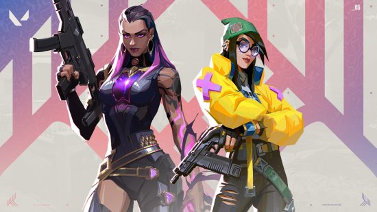Valorant battle pass for Episode 5 Act 2: Skins, cards and gun buddies. Two Agents from Valorant stand before a white background, staring at the player, ready to fight