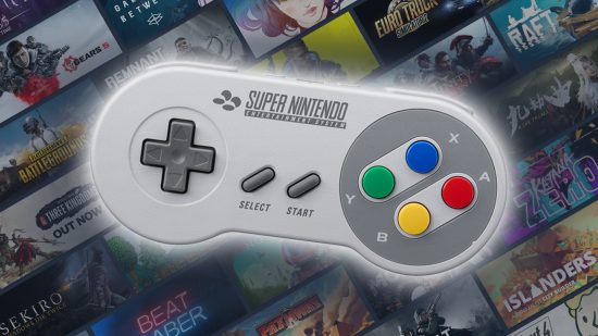 Steam game grid artwork with Nintendo SNES controller in centre