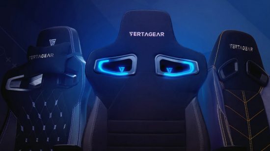 Gaming chairs with the Vertagear logo on them in a darkened room.