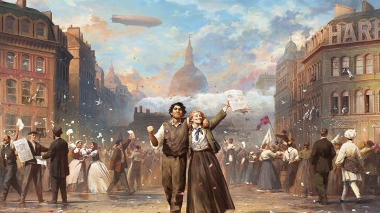 Victoria 3 impressions: A joyous couple strolls through the city streets in the 19th century on the day of a major celebration, the crowd in the background is festive and happy
