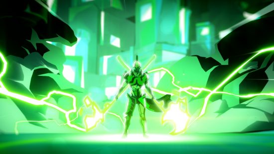Warframe Veilbreaker Styamax: A man in a metal suit stands in the middle of a large green fire
