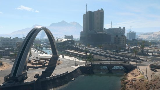Warzone 2 Map: The city of Al Mazrah featuring a large oval structure and flowing water