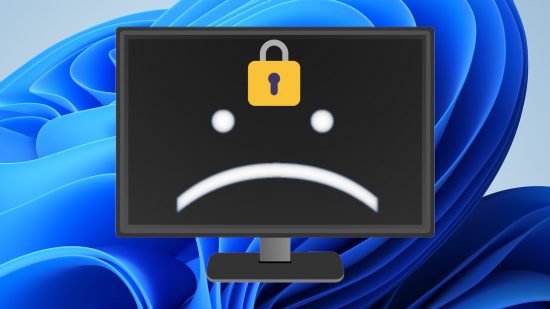 A monitor, displaying a sad face and lock symbol, against a Windows 11 floral background
