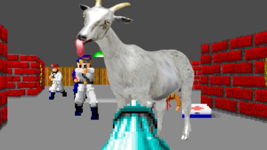 Wolfenstein makes classic FPS cameo in Goat Simulator 3: The goat from Goat Simulator 3 is imposed on a background from the classic FPS Wolfenstein 3D