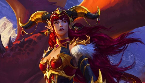 The best WoW addons in 2022: Alexstrasza the Life-Binder, the Aspect of the red dragonflight, depicted in elf form with her distinctive ornamental horns in WoW Dragonflight