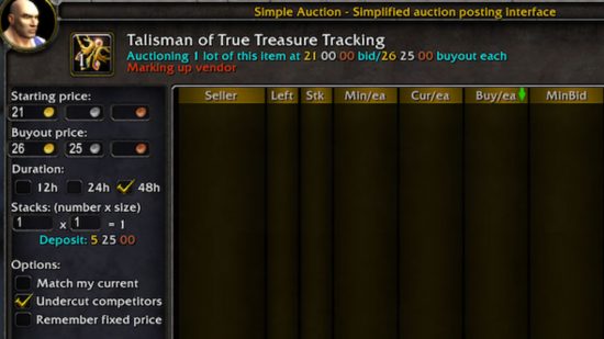 Best WoW addons 2022: The Auctioneer mod menu, displaying its simplified auction posting interface with te typical starting price and buyout price, along with options to undercut competitors.