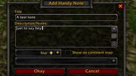 Best WoW addons 2022: The HandyNotes mod menu, which includes text fields for the title and description of the note in question.
