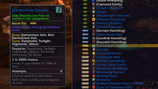 Best WoW addons 2022: The Rarity mod providing information on the rare Elementium Geode battle pet, its location, the method to obtain it, and the drop chance.
