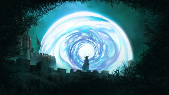 Wyrdsong reveal: A huge glowing, swirling vortex appears over the horizon in a dark scene showing a horned figure standing on a castle rampart.