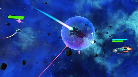 4X game Stellaris gets VR spinoff: A star cruiser takes a laser beam to its shields as it cruises through an asteroid field with a blue and purple nebula in the background