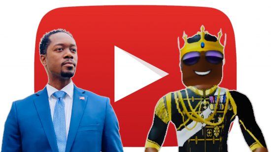 Politician Allen Ellision launches Roblox YouTube channel to appeal to future leaders: An image of Allen Ellison standing next to his avatar, in front of a red YouTube logo.