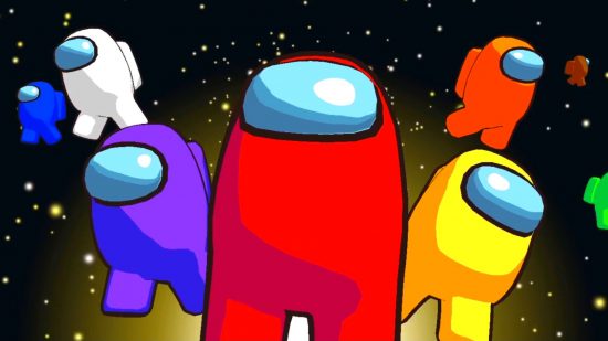 : a few Among Us beans stand together in space facing the camera