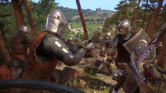 Best Medieval games - several knights are fighting on a hilltop in Kingdom Come: Deliverance.