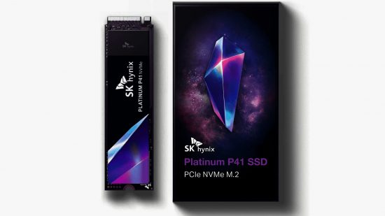 The SK Hynix Platinum P41 NVMe SSD stands tall next to its retail box, with purple and blue accents