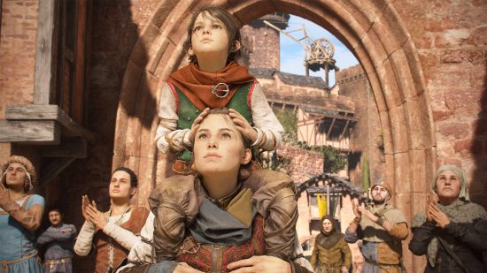 Best Medieval games - Hugo is sat on top of Amicia's shoulders in a bustling town in A Plague Tale: Requiem.