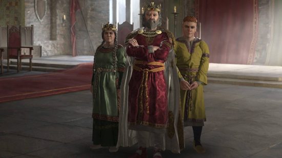 Best Medieval games - a King stands in his throne room flanked by his two obviously in-bred children in Crusader Kings 3.