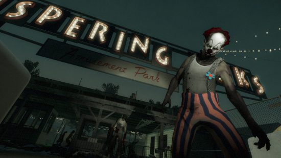 Best zombie games: a clown zombie outside the Whispering Parks amusement park in Left 4 Dead 2. He is wearing stripy trousers being held up by suspenders with a blue flower on them. He also has clown makeup and a red nose, despite being a zombie.