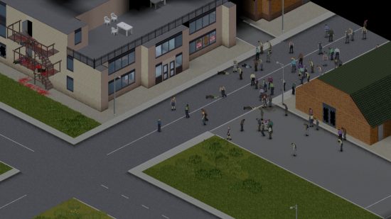 Best zombie games: a street full of zombies in Project Zomboid surrounding a condo and an abandoned building.