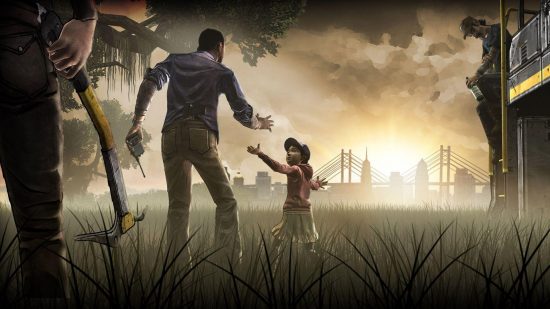 Best zombie games: Clementine is reaching out to Lee's hand in The Walking Dead. A city can be seen on the horizon. Kenny is sitting on a ladder holding a bottle of wine. An unknown person is holding a prying tool of some kind.