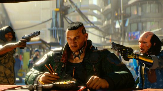 Cyberpunk 2077 Phantom Liberty to be only major expansion says CDPR: cyberpunk character eating noddles whilst foes point guns to their head