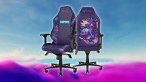 Secretlab's Fortnite gaming chair shows its front and back, sitting above the toxic storm clouds in the background