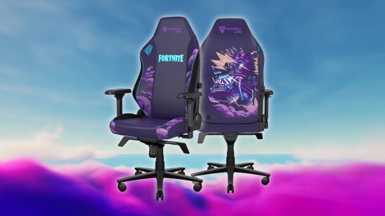 La silla de juegos Fortnite de SecretLab muestra su parte delantera y posterior, sentada sobre las nubes de tormenta tóxicas en el fondo