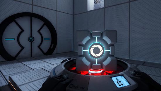 A Portal companion cube sits in the middle of the room in higher ray traced detail than ever before