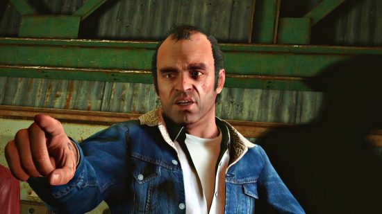 Alleged GTA 6 gameplay leak could show off Rockstar's open-world game: Trevor from GTA 5 points just off screen and looks at the camera