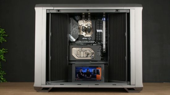 Custom gaming PC build with internal monitor at bottom of case