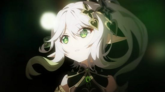 Genshin Impact leak suggests Dendro Hypostasis will appear in 3.2: Anime girl with white hair in a ponytail looks into the light surrounded by darkness