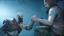 Twitch streamer Asmongold is in God of War Ragnarok (kind of): two men exchange a handshake, one bald and one with long, matted hair