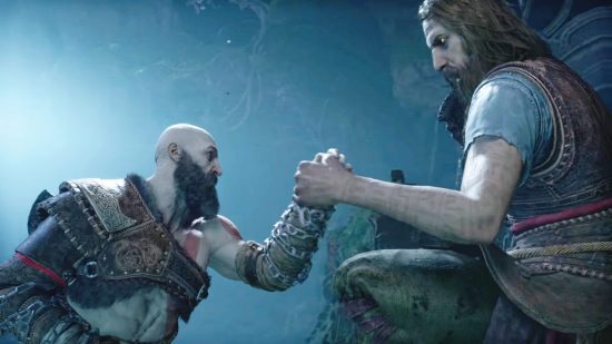 Twitch streamer Asmongold is in God of War Ragnarok (kind of): two men exchange a handshake, one bald and one with long, matted hair