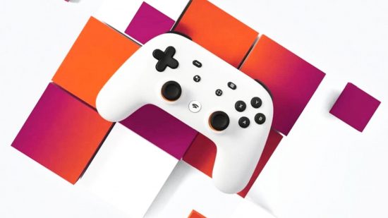 Google Stadia cloud gaming controller against an orange and pink blocky background