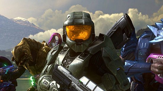 Halo six-player split-screen done in MCC after 343 Industries scrap it: Master chiefs faces the camera with some Elites in the background
